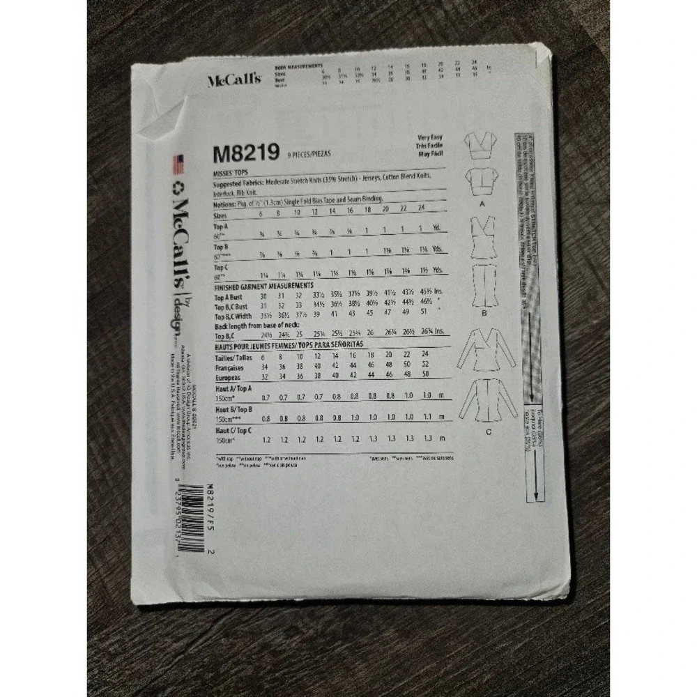 McCalls M8219 Misses Tops Sewing Pattern Size 16-24 Uncut V-Neck Knit Top Tank